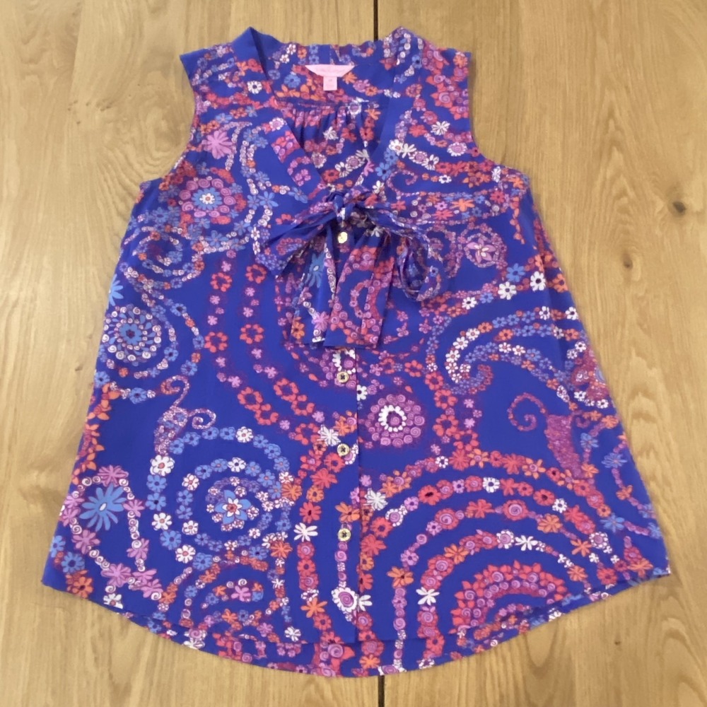 Lilly Pulitzer Raleigh Silk Tank Top Women's X-Small Pink Purple Flower Bow XS